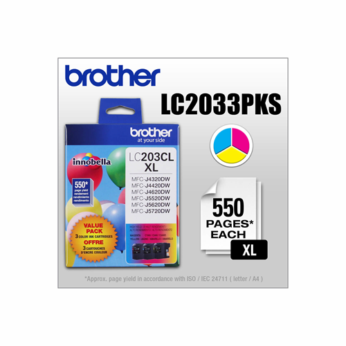 Brother Genuine (LC2033PKS) Innobella High-Yield Colour Ink Cartridges, 3 Pack
